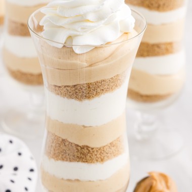 Peanut Butter cheesecake parfaits in a tall glass.