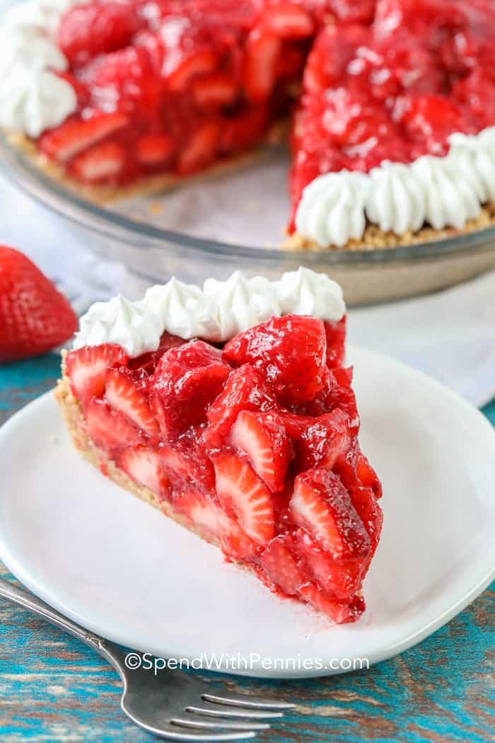 Slice of strawberry pie on a plate.