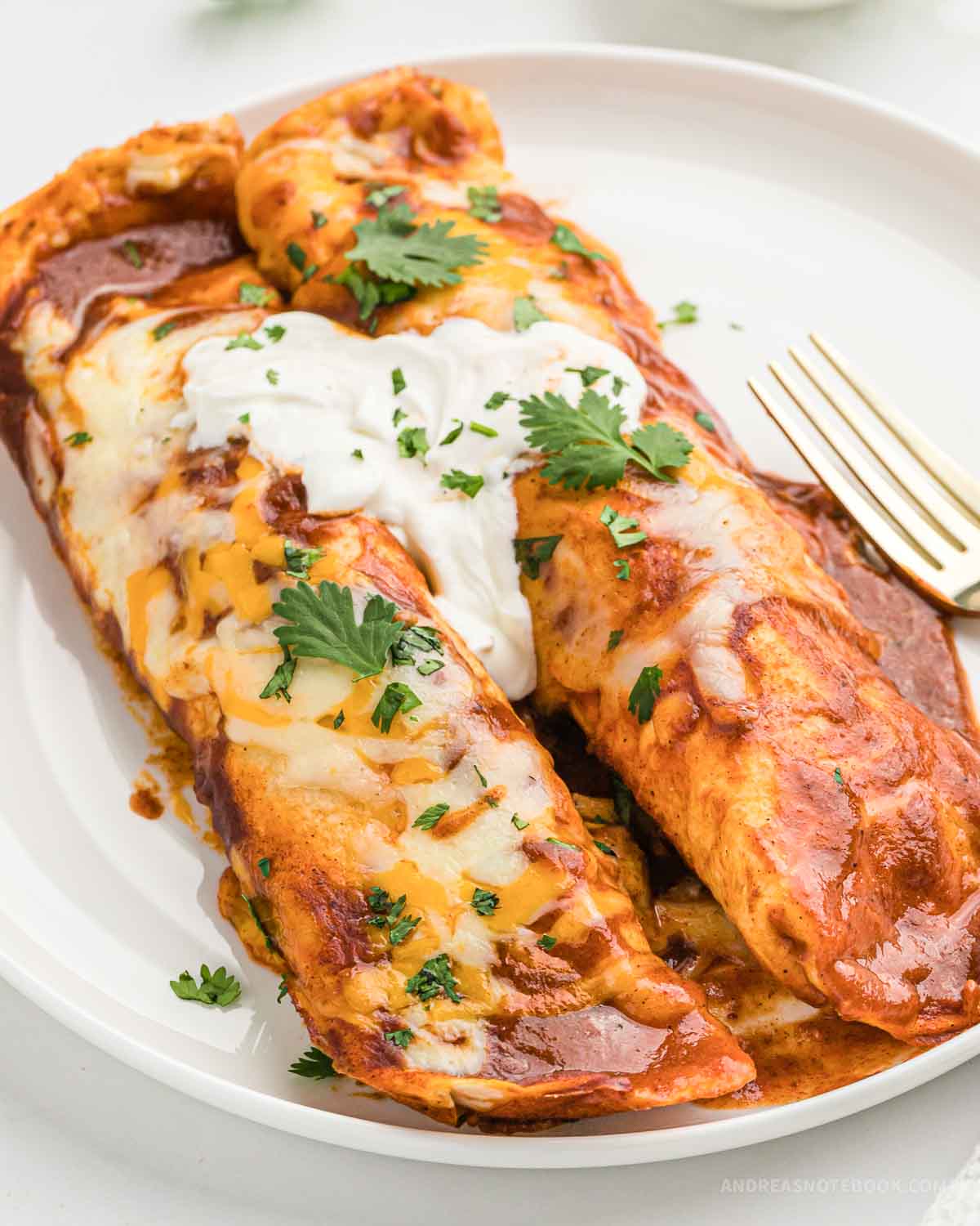 Two chicken enchiladas rancheras on a plate with a dollop of sour cream and cilantro on top.