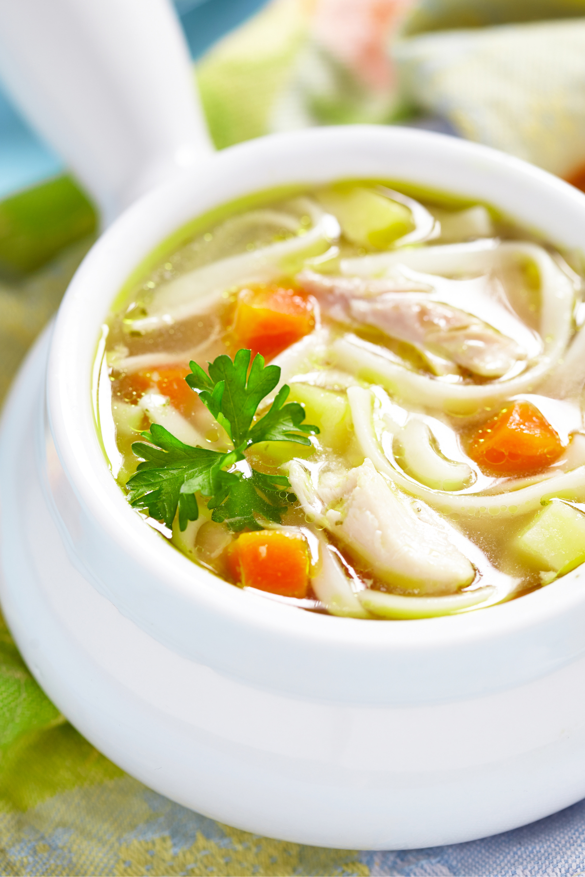 Crockpot chicken noodle soup in a white bowl.