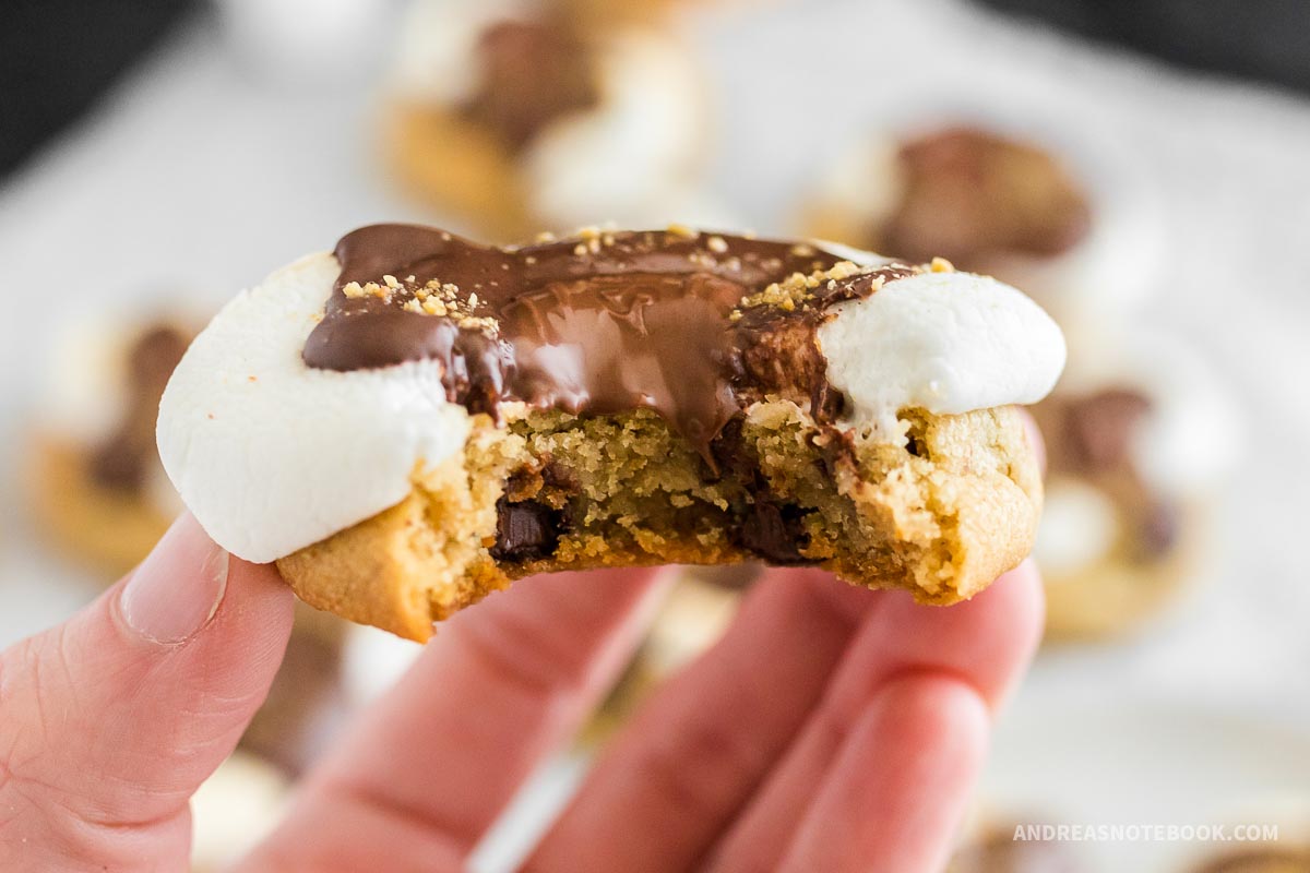 Hand holding a s'more cookie (smookie) with a bite out of it.