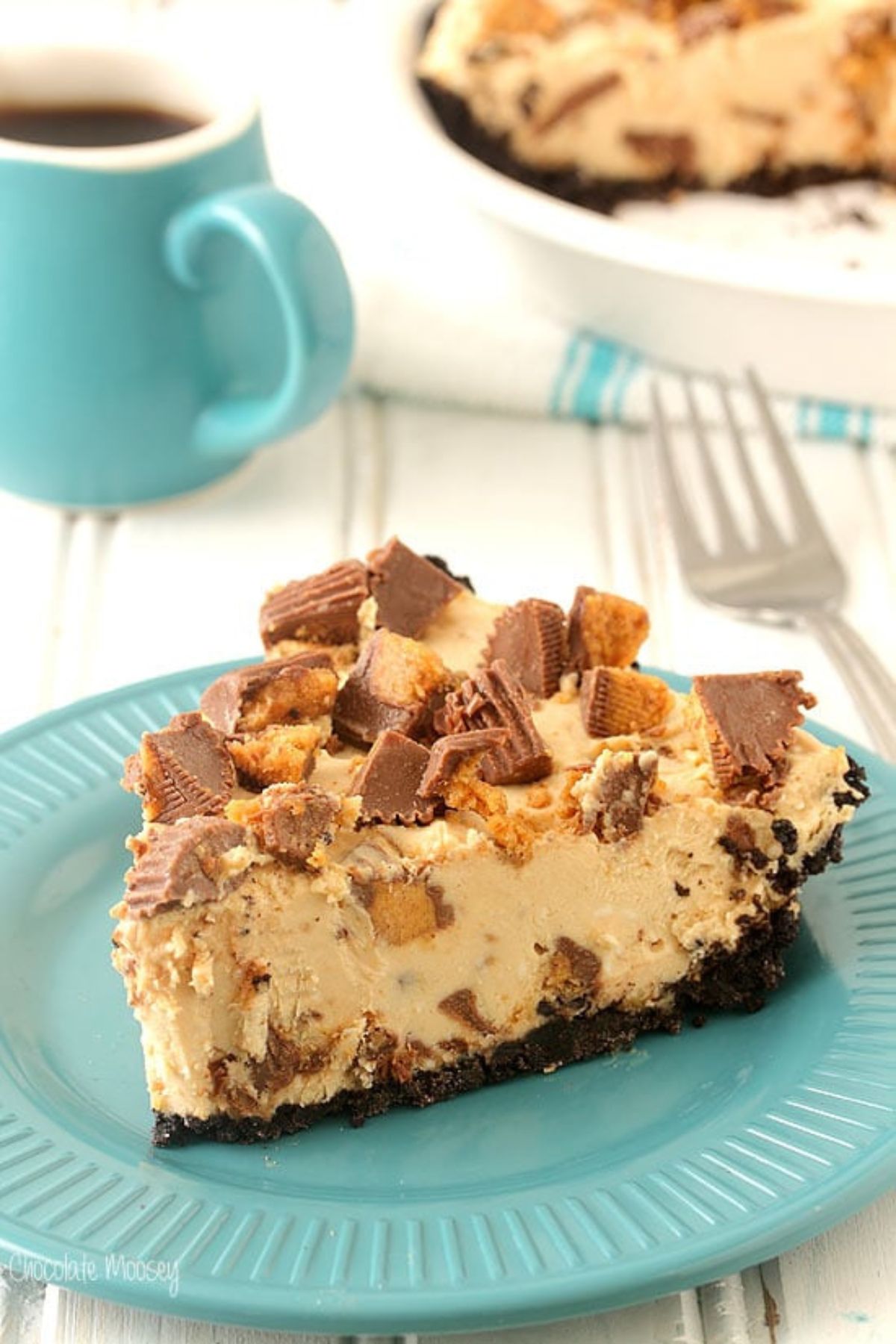 Peanut butter cup pie slice on a plate.