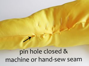 Pin hole closed and machine or hand sew closed.