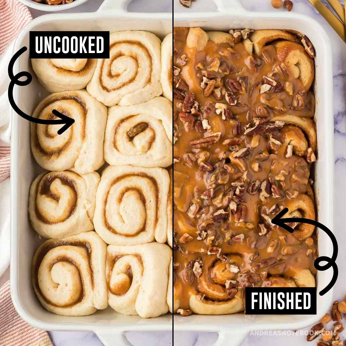 uncooked cinnamon rolls on left, cooked cinnamon rolls with caramel sauce on right.