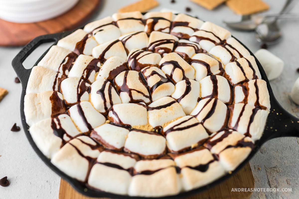 S'more marshmallow cookie recipe in a skillet.