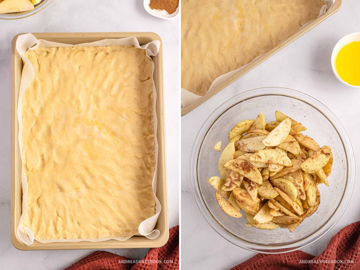 Left image of pie crust pressed into large baking sheet. Right image of apple pie filling in a bowl.