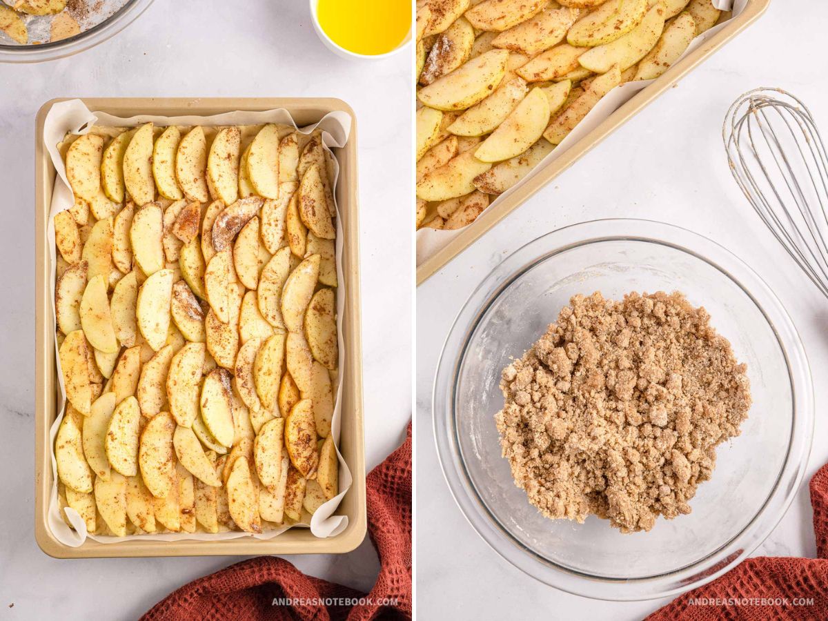 Left image of apples lined up on pie crust. Righ image of streusel topping in a bowl.