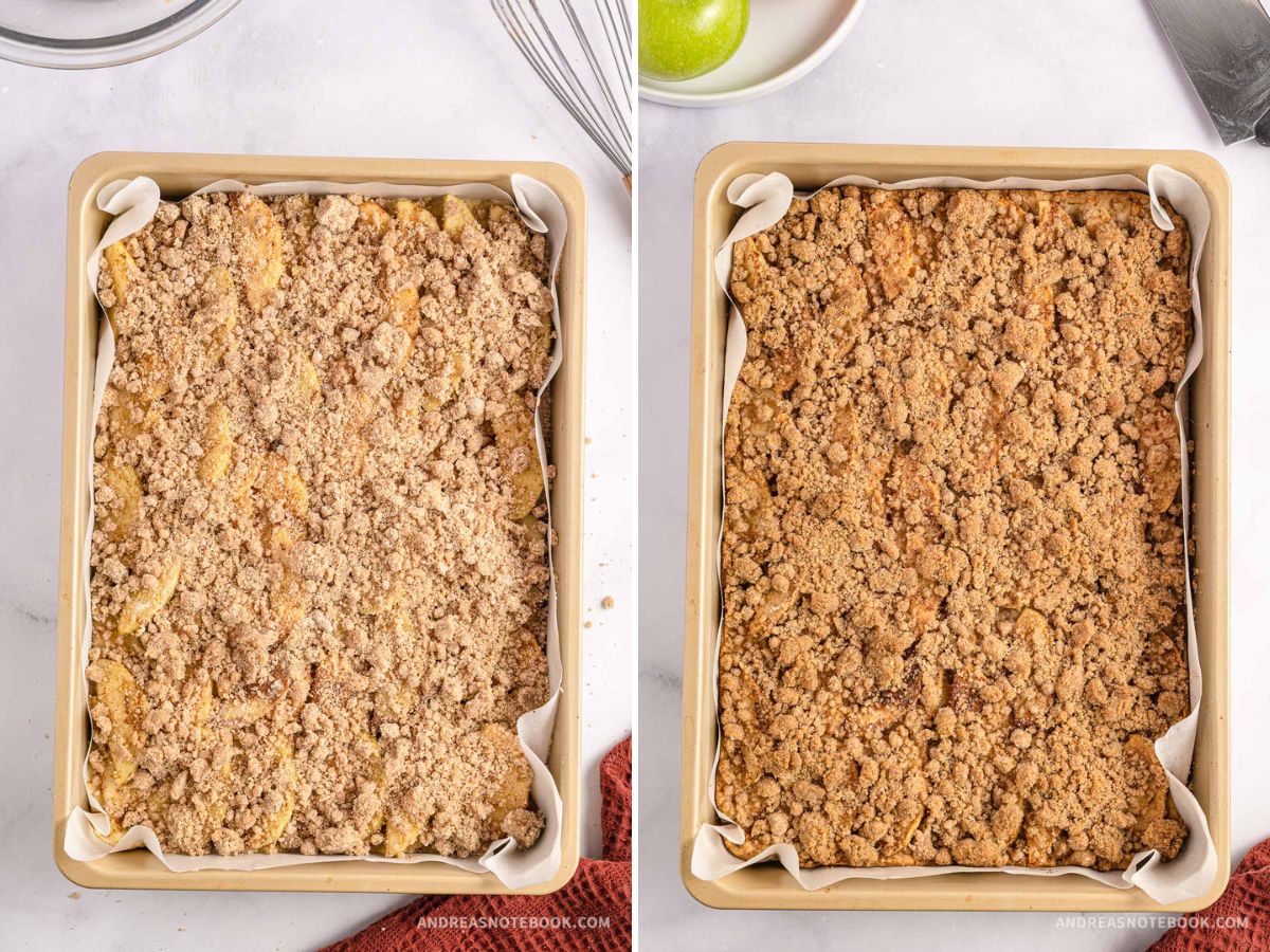 Uncooked apple streusel on left and cooked on right.