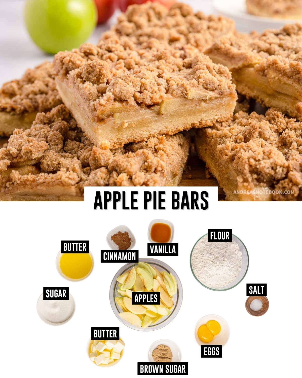 Apple pie bars stack and bowls of ingredients.