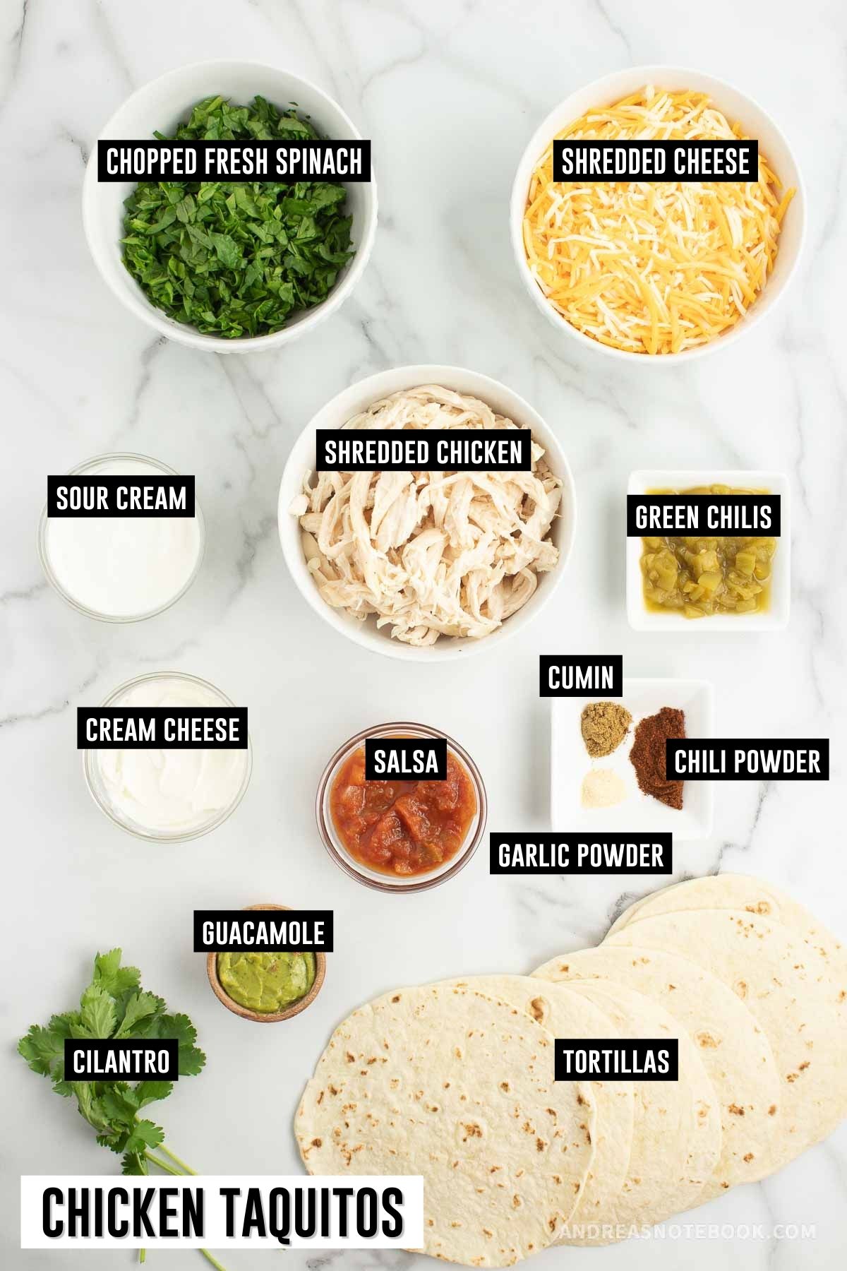 Chicken taquitos ingredients image with labeled ingredients.