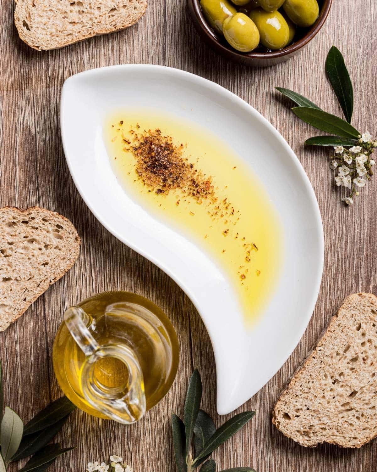 Olive oil bread dip in a bowl.
