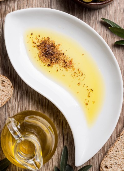 Olive oil bread dip in a bowl.