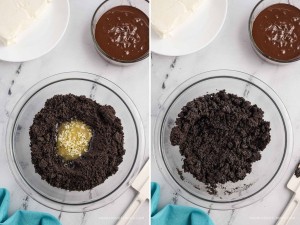 Oreo pie crust instruction collage. Image on left: oreo crumbles with melted butter puddled in middle. Image on right: Butter and crumbs mixed together in a bowl.