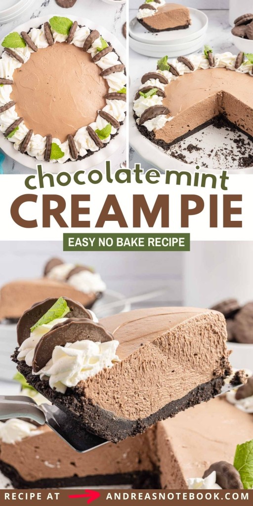 chocolate mint cream pie collage.