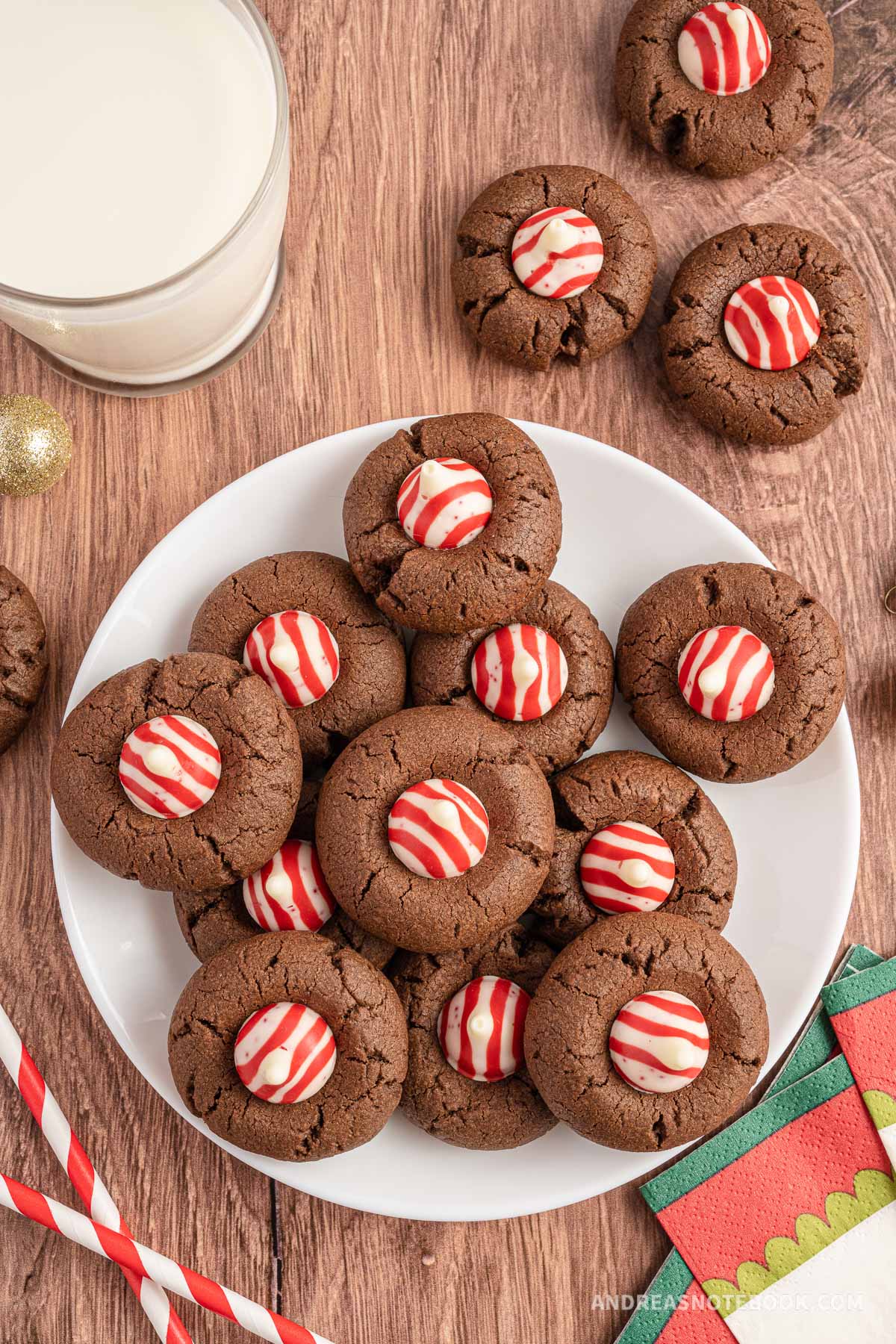 Plate of Christmas candy cane kiss cookies.