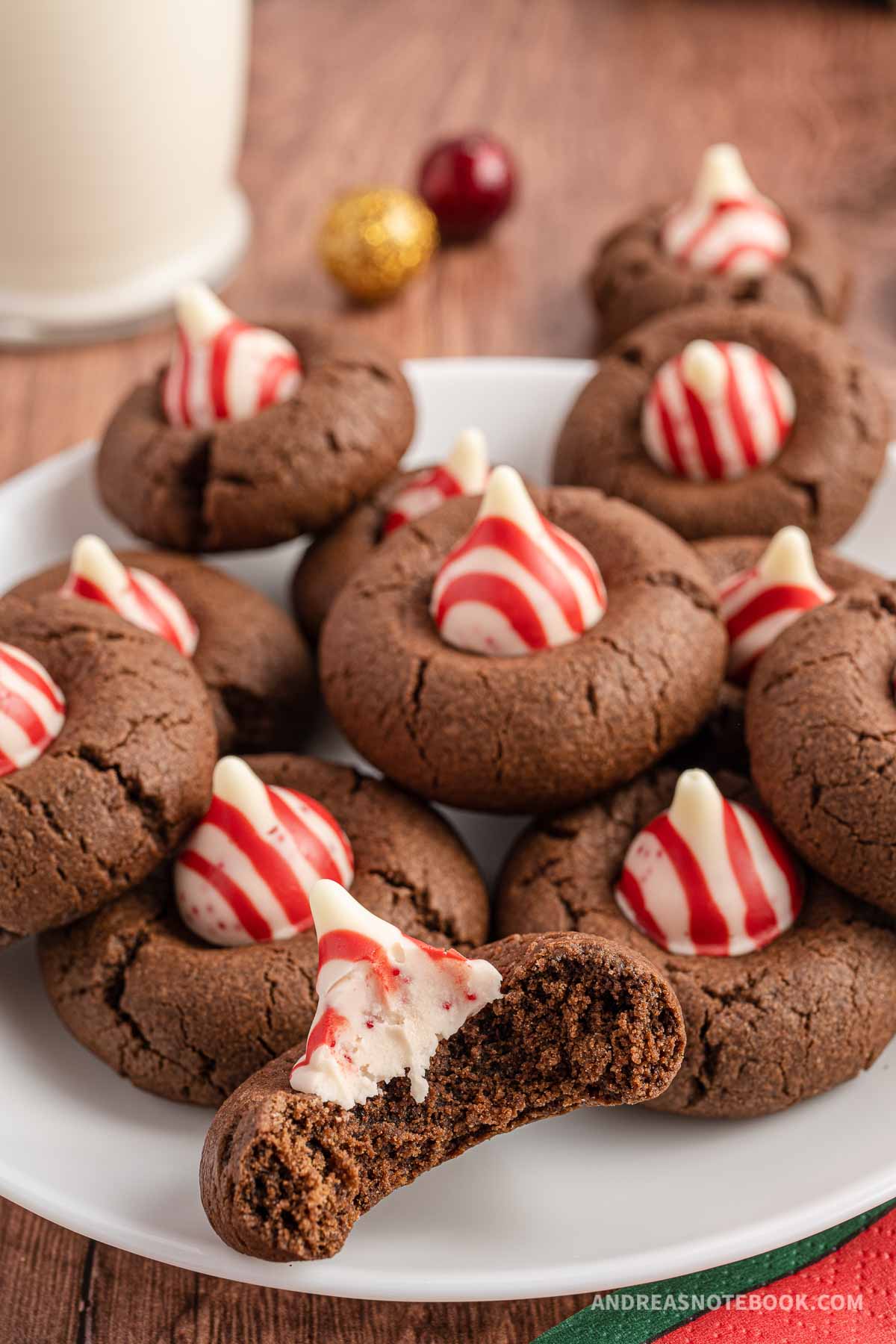 Pile of chocolate peppermint kiss blossom cookies.
