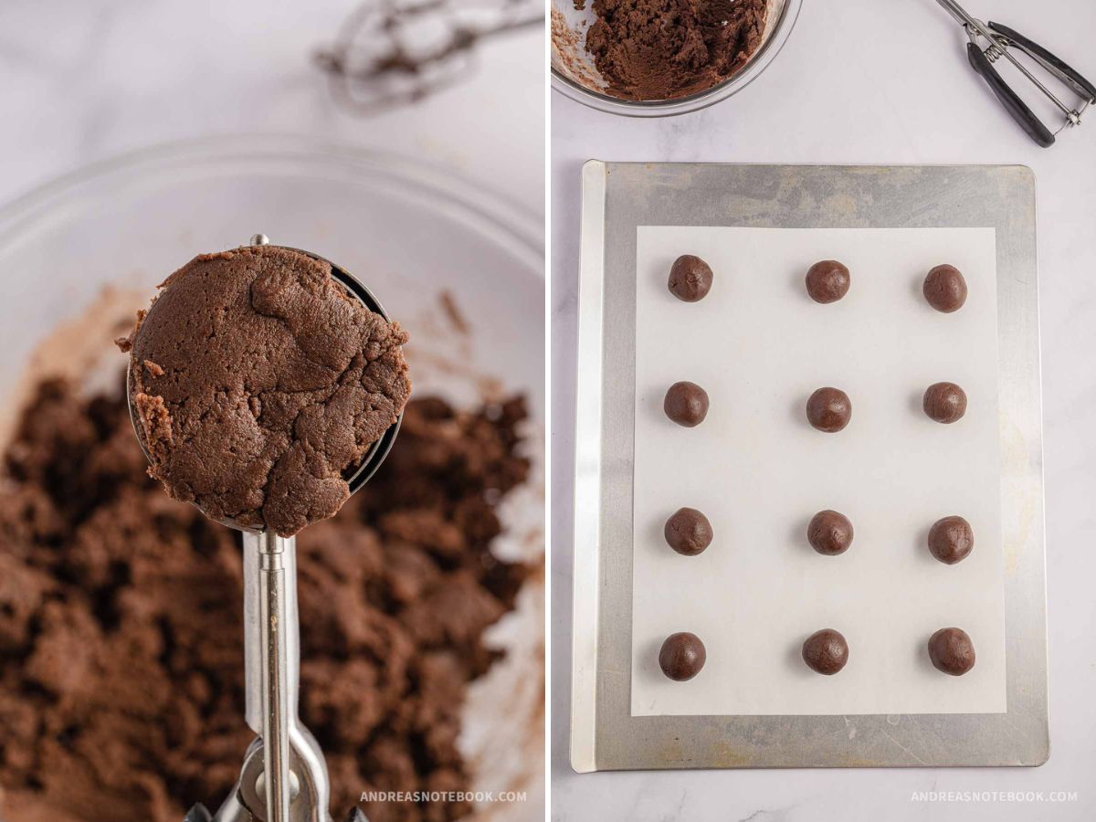 Chocolate cookie dough scooped onto a baking sheet.