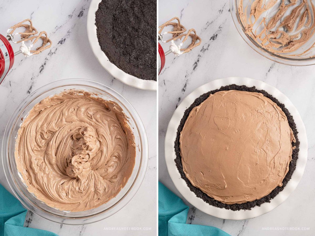 Left: bowl of creamy chocolate cream pie filling. Right: Chocolate mint cream filling in a pie crust.