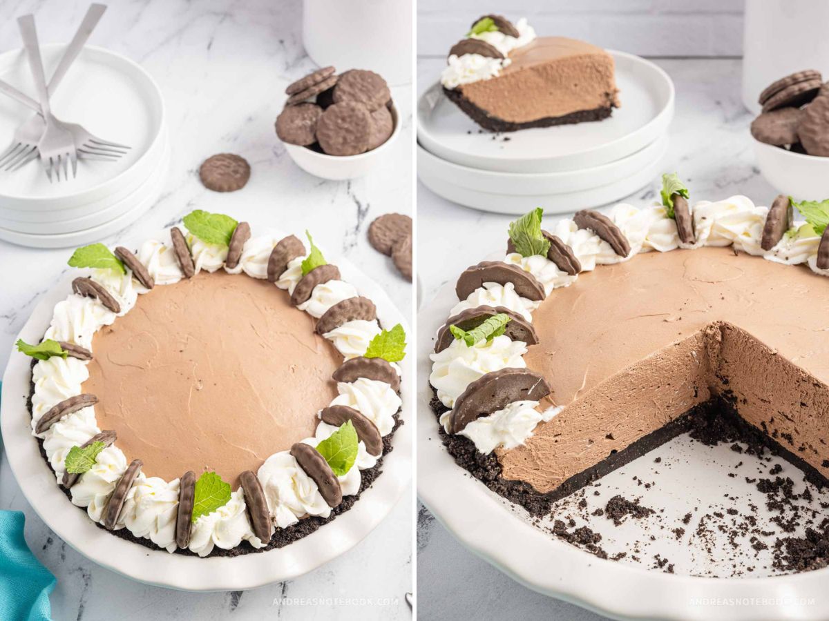 Left: full chocolate mint cream pie with whipped cream, mint cookies and mint leaves on top. Right: Pie with large slice removed.