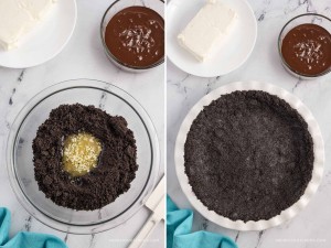 Left: cookie crumbles in bowl with melted butter. Right: chocolate cookie pie crust in pie plate.