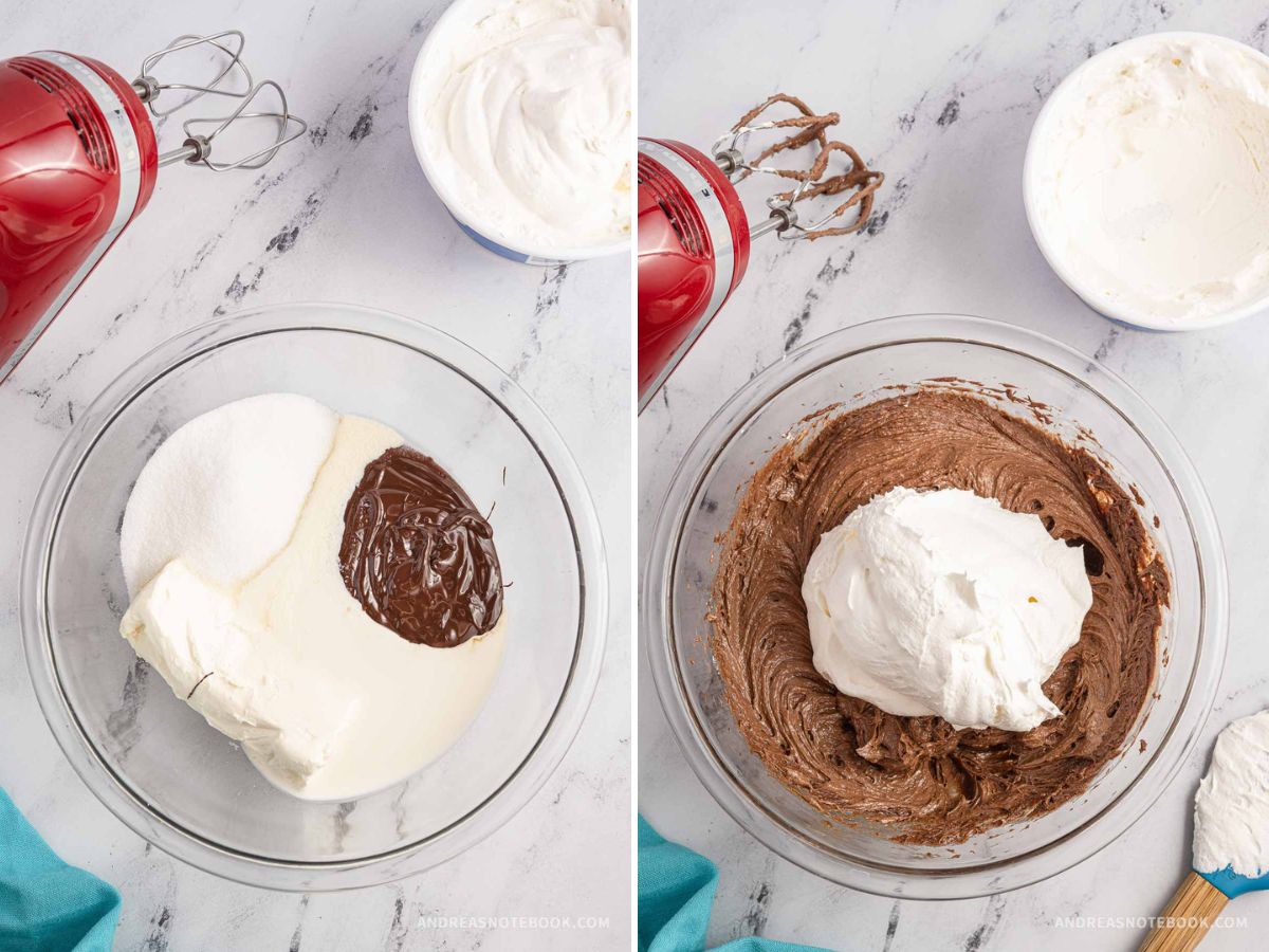 Left: large bowl with soft cream cheese, heavy whipping cream, vanilla extract and melted chocolate. Right: Chocolate mixture and Cool Whip in a bowl.
