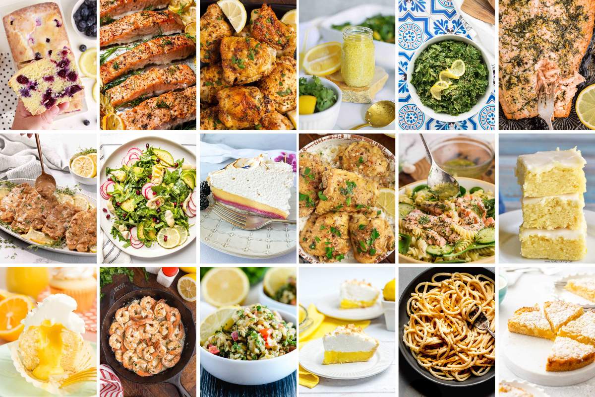 Collage of 18 recipes made with lemons.