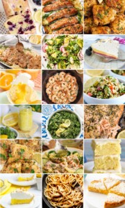 Collage of recipes made with lemon including lemon dessert recipes, dinner recipes and lemon side dishes.