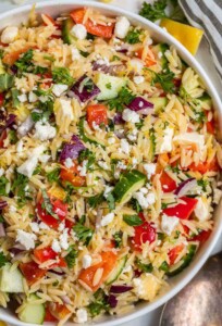 Lemon orzo salad in a large bowl.