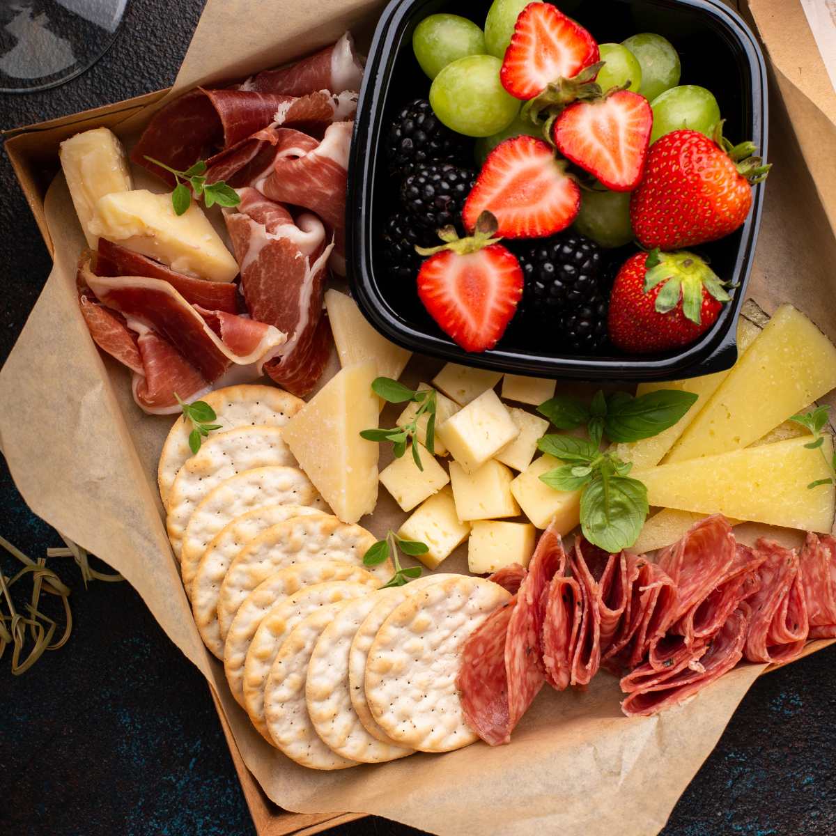 Personal size mini charcuterie box with crackers, meats, heeses and fruits.