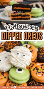 Collage of halloween chocolate dipped oreos.