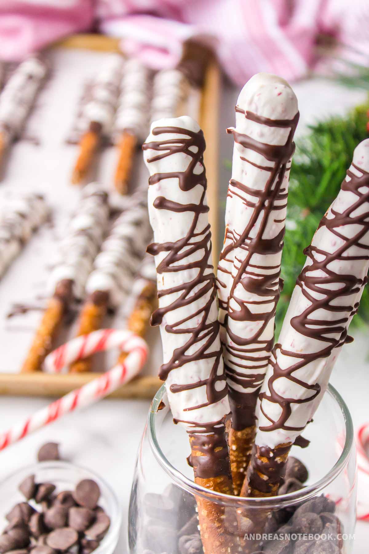 Christmas candy pretzels in a glass.