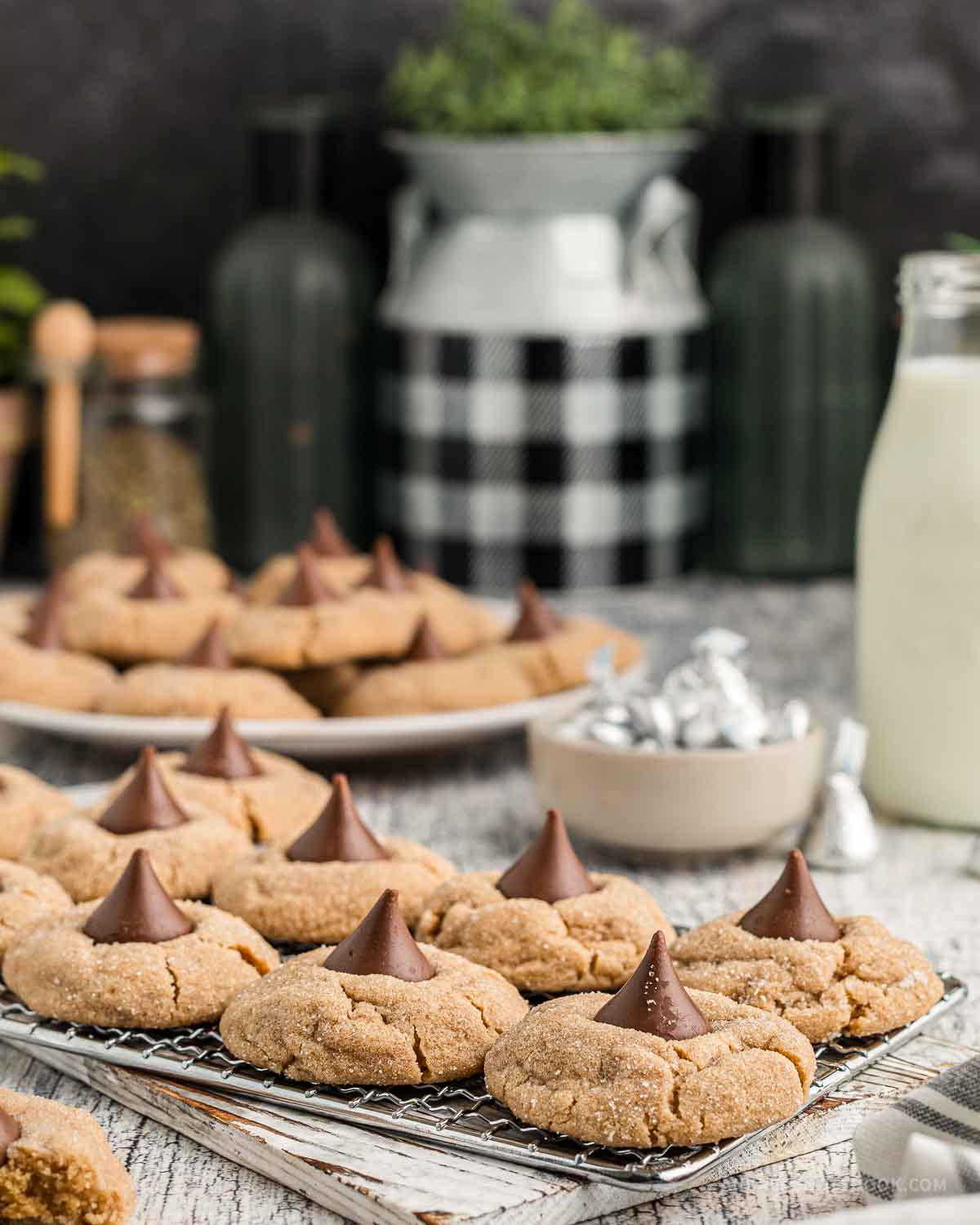 Tray of peanut butter blossom cookies on a counter.