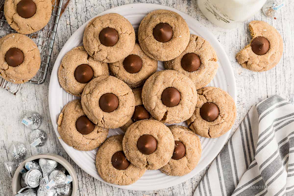 Plate of classic peanut butter blossom cookies.