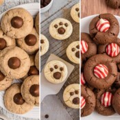 Collage of blossom cookies including peanut butter kiss cookies, vanilla cake mix bear paw cookies and chocolate peppermint blossom cookies.