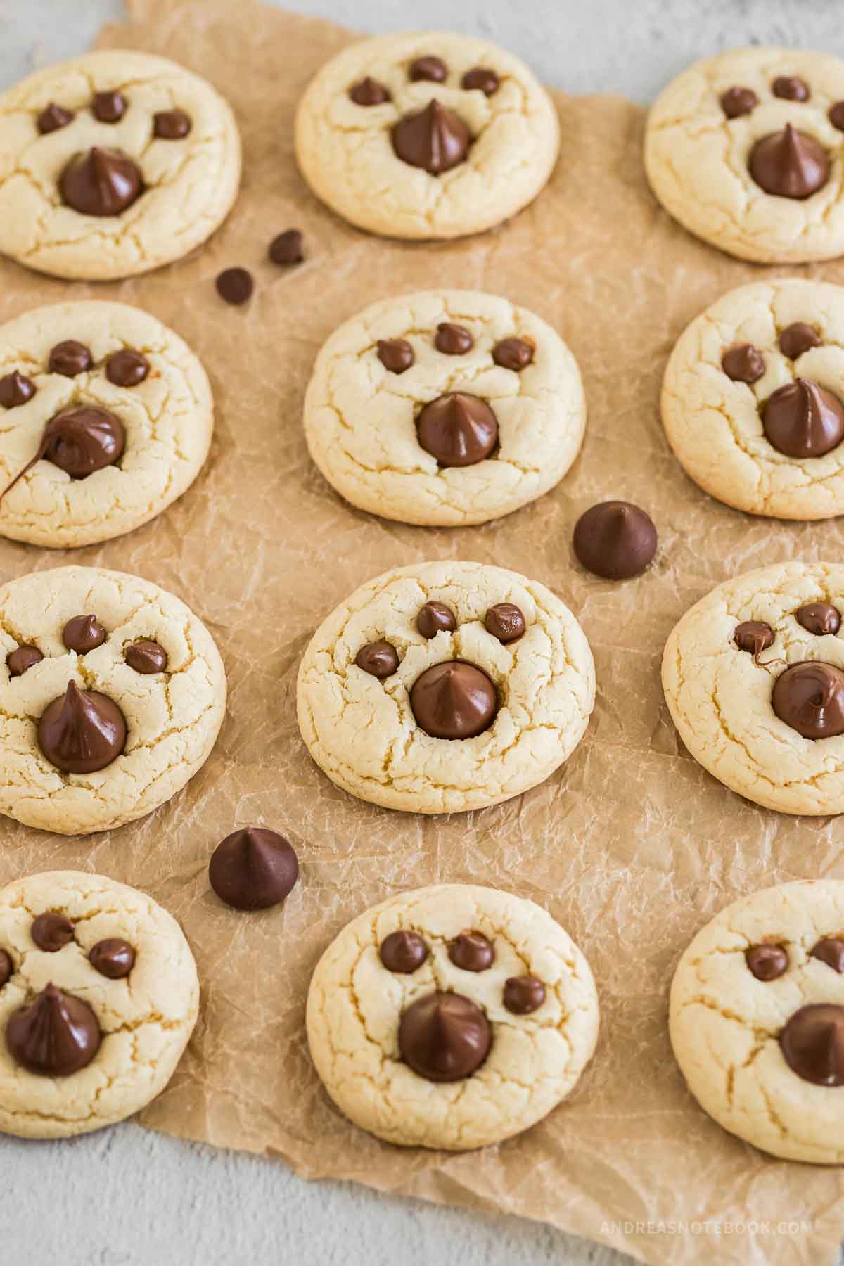 12 cooked cookies that look like bear paw cookies on parchment paper.