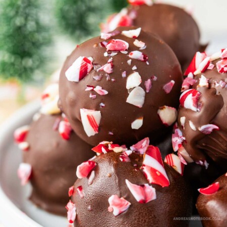 Plate of chocolate candy cane truffles.