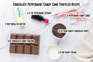 Chocolate mint candy cane truffle recipe ingredients including butter, peppermint extract, chocolate chips, chocloate and heavy cream.