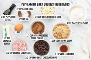Double chocolate peppermint bark cookies recipe ingredients including cookie ingredients and peppermint bark ingredients.