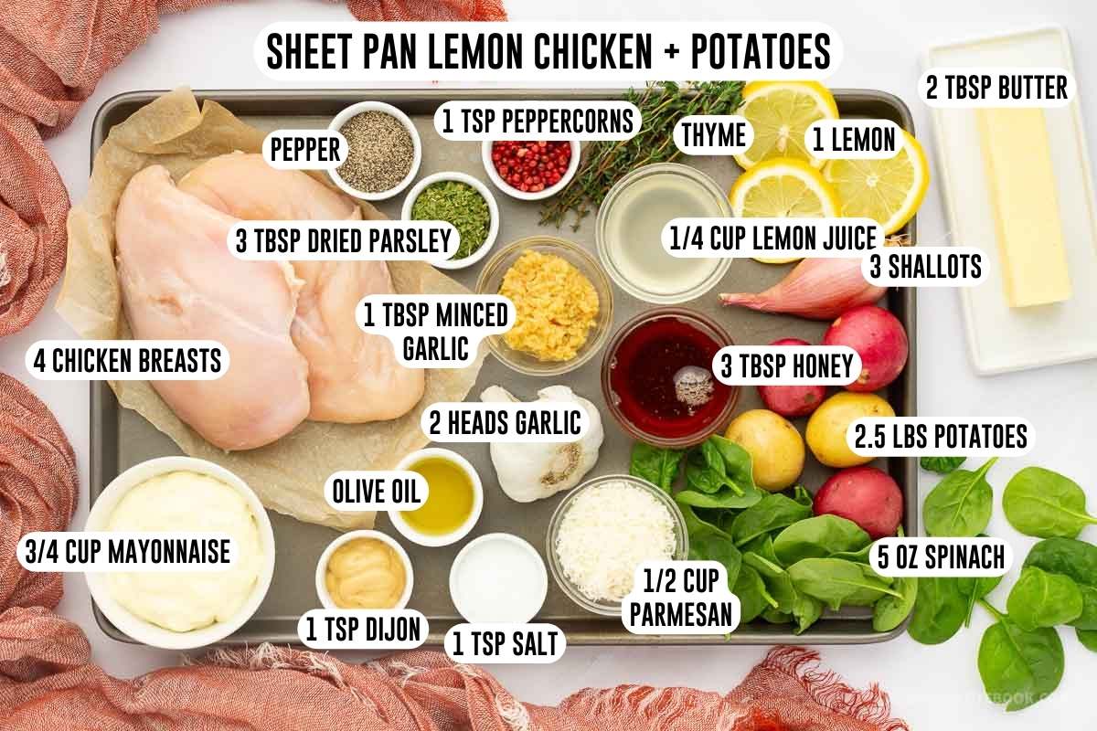 Sheet pan lemon chicken and vegetables ingredients in dishes.