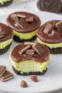 Bite out of an Andes mint chocolate mini cheesecake with Andes mints on top.