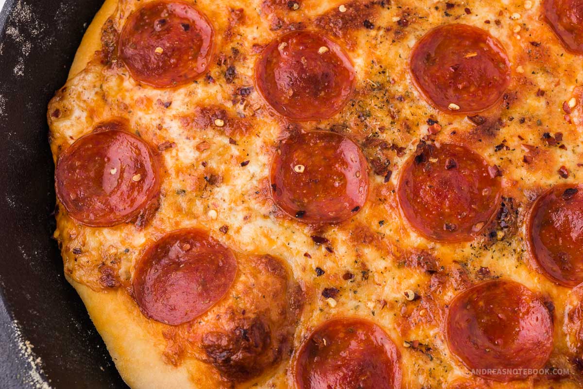 Baked pepperoni pizza with golden cheese.