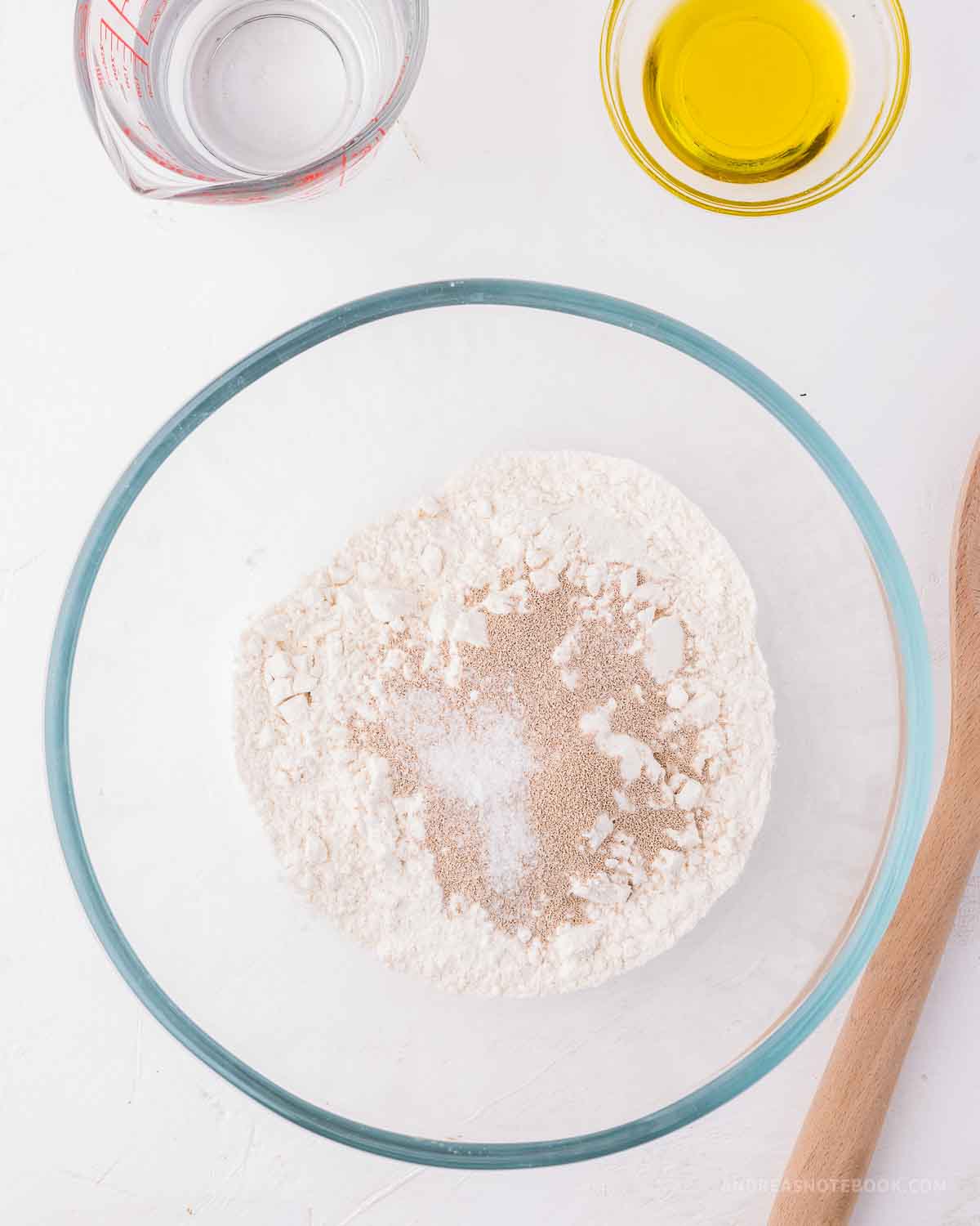 Flour, sugar, yeast and salt in a large bowl.
