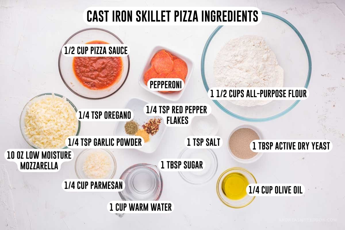 Deep dish cast iron skillet pizza ingredients including pizza crust ingredients and toppings.