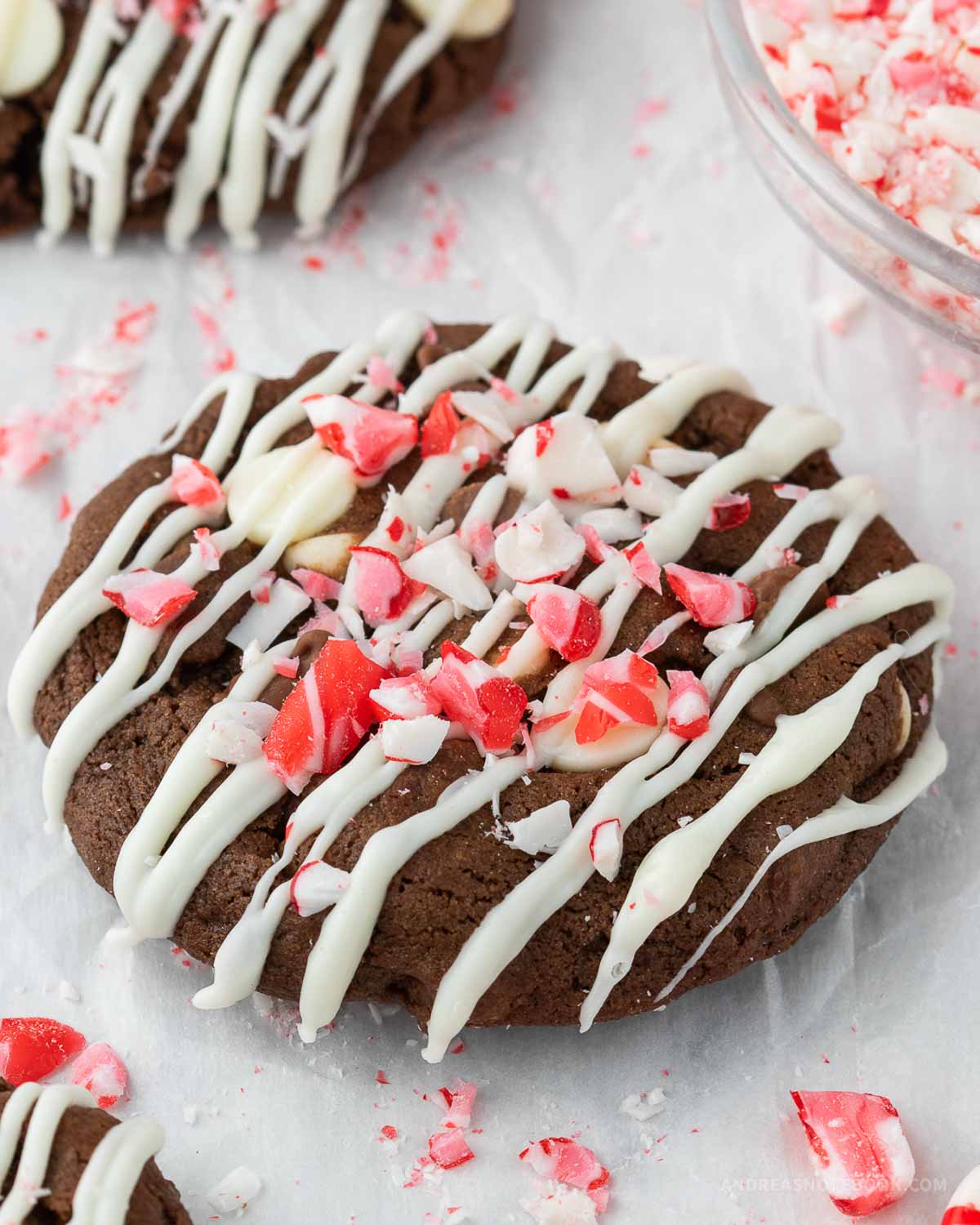 Closeup of double chocolate peppermint crunch cookie.
