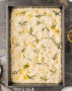 Olive oil and parmesan added to the top of the focaccia bread with rosemary and garlic.