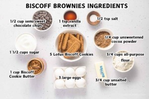 Biscoff butter cookie brownies ingredients in bowls including chocolate chips, vanilla, salt, cookies, cookie butter, cocoa powder, eggs, butter, flour and sugar.