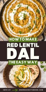 Collage of red lentil dal in a pan and bowl.