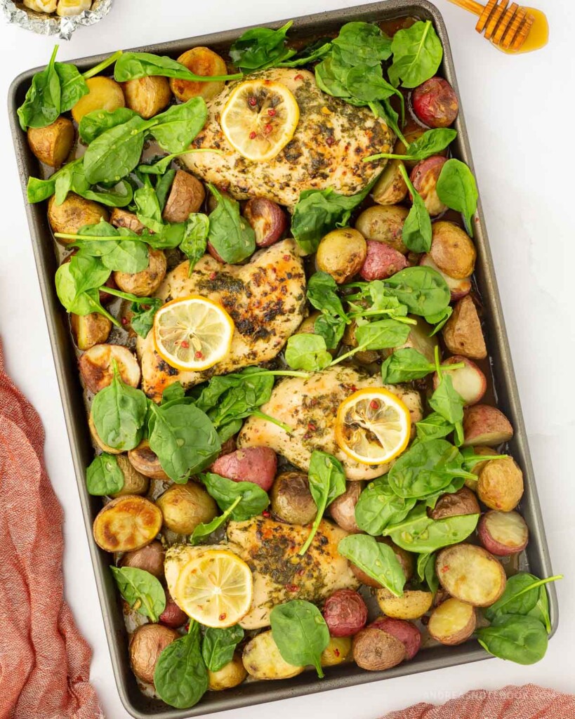 Lemon Chicken Sheet Pan Dinner With Potatoes and Spinach