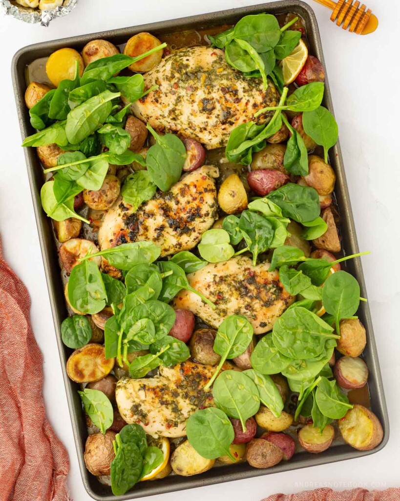 sheet pan lemon chicken dinner with spinach and potatoes-2 - Andrea's ...