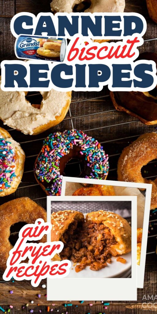 Back image of doughnuts with frosting and sprinkles, front image of biscuit sloppy joe: text says canned biscuit recipes.